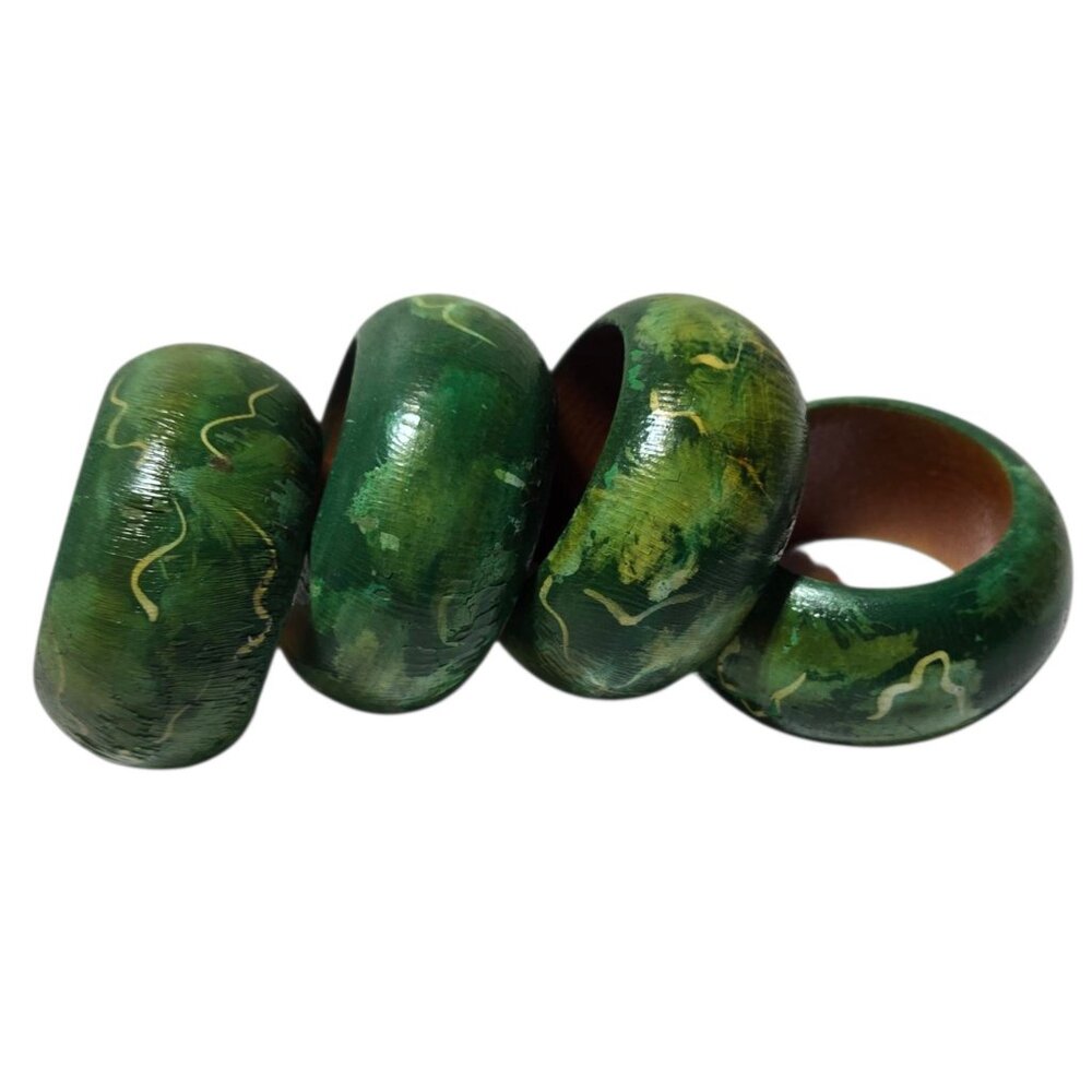 Napkin Rings Green Hand Painted in India Set of 4 Vintage Wooden